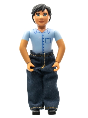 LEGO Belville Male  Blue Shorts, Blue Shirt with Buttons & Pocket Pattern, Black Hair, Pants minifigure