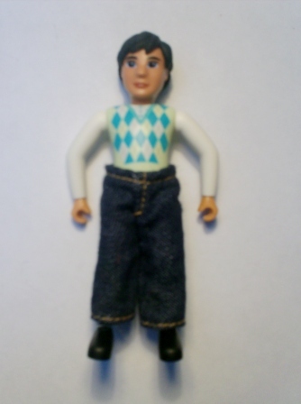 LEGO Belville Male - Black Legs, White Arms, Light Lime / Turquoise / White Argyle Top, Black Hair, Jeans minifigure
