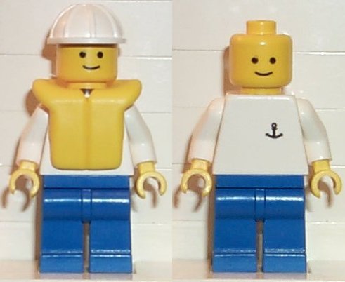 LEGO Boat Worker - Torso with Anchor, Blue Legs, White Construction Helmet, Life Jacket minifigure
