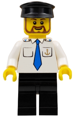 LEGO Boat Captain with Blue Tie and Anchor on Pocket, Black Hat, Brown Beard Rounded minifigure