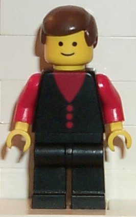 LEGO Shirt with 3 Buttons - Red, Red Arms, Black Legs, Brown Male Hair minifigure