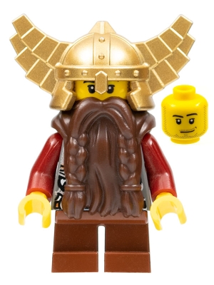 LEGO Fantasy Era - Dwarf, Dark Brown Beard, Metallic Gold Helmet with Wings, Dark Red Arms, Smirk and Stubble Beard minifigure