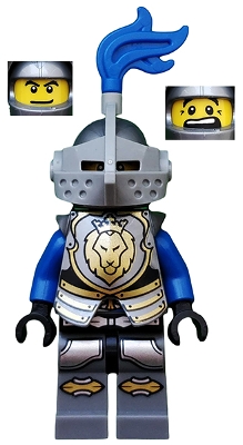 LEGO Castle - King's Knight Armor with Lion Head with Crown, Helmet with Pointed Visor, Blue Plume, Determined / Open Mouth Scared Pattern minifigure