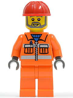 LEGO Construction Worker - Orange Zipper, Safety Stripes, Orange Arms, Orange Legs, Red Construction Helmet, Gray Angular Beard minifigure
