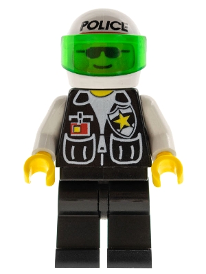 LEGO Police - Sheriff Star and 2 Pockets, Black Legs, White Arms, White Helmet with Police Pattern, Trans-Green Visor minifigure
