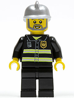 LEGO Fire - Reflective Stripes, Black Legs, Silver Fire Helmet, Gray Beard minifigure