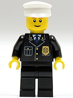 LEGO Police - City Suit with Blue Tie and Badge, Black Legs, White Hat, Brown Eyebrows, Thin Grin minifigure