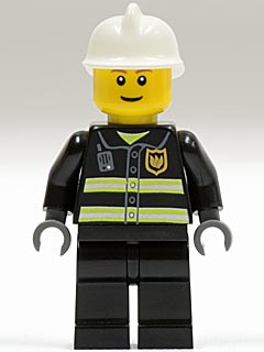 LEGO Fire - Reflective Stripes, Black Legs, White Fire Helmet, Brown Eyebrows, Thin Grin minifigure