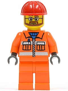 LEGO Construction Worker - Orange Zipper, Safety Stripes, Orange Arms, Orange Legs, Red Construction Helmet, Beard and Glasses minifigure