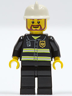 LEGO Fire - Reflective Stripes, Black Legs, White Fire Helmet, Brown Beard Rounded minifigure