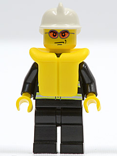LEGO Fire - Reflective Stripes, Black Legs, White Fire Helmet, Orange Sunglasses, Life Jacket minifigure