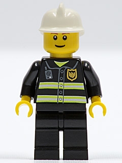 LEGO Fire - Reflective Stripes, Black Legs, White Fire Helmet, Reddish Brown Eyebrows, Thin Grin, Yellow Hands minifigure