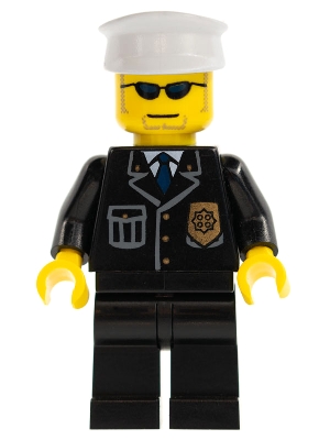 LEGO Police - City Suit with Blue Tie and Badge, Black Legs, Sunglasses, White Hat minifigure