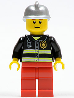 LEGO Fire - Reflective Stripes, Red Legs, Silver Fire Helmet, Brown Eyebrows, Thin Grin minifigure