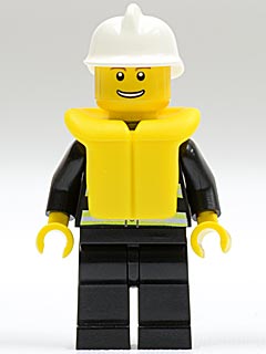 LEGO Fire - Reflective Stripes, Black Legs, White Fire Helmet, Thin Grin with Teeth, Life Jacket minifigure