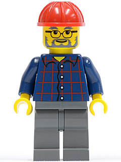 LEGO Plaid Button Shirt, Dark Bluish Gray Legs, Red Construction Helmet, Glasses, Gray Beard minifigure