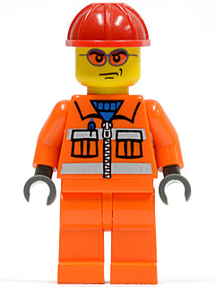 LEGO Construction Worker - Orange Zipper, Safety Stripes, Orange Arms, Orange Legs, Red Construction Helmet, Orange Glasse minifigure