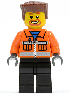 LEGO Construction Worker - Orange Zipper, Safety Stripes, Orange Arms, Black Legs, Reddish Brown Flat Top Hair, Beard Around Mouth minifigure