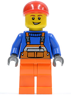 LEGO Overalls with Safety Stripe Orange, Orange Legs, Red Short Bill Cap, Open Grin minifigure