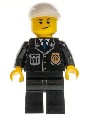LEGO Police - City Suit with Blue Tie and Badge, Black Legs, White Short Bill Cap, Crooked Smile minifigure