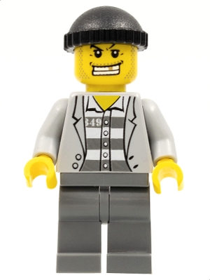 LEGO Police - Jail Prisoner Jacket over Prison Stripes, Dark Bluish Gray Legs, Black Knit Cap, Gold Tooth minifigure