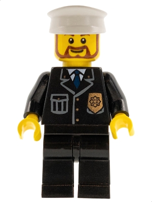 LEGO Police - City Suit with Blue Tie and Badge, Black Legs, White Hat, Brown Beard Rounded minifigure