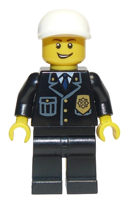 LEGO Police - City Suit with Blue Tie and Badge, Black Legs, White Short Bill Cap, Open Grin minifigure