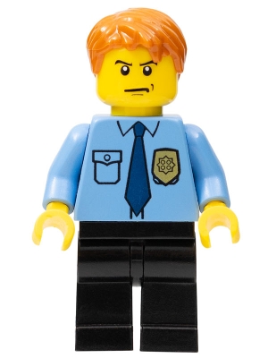 LEGO Police - City Shirt with Dark Blue Tie and Gold Badge, Black Legs, Dark Orange Short Tousled Hair minifigure
