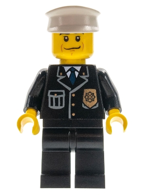 LEGO Police - City Suit with Blue Tie and Badge, Black Legs, Black Eyebrows, White Hat minifigure