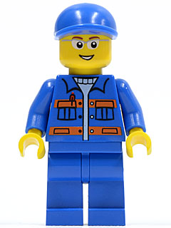 LEGO Blue Jacket with Pockets and Orange Stripes, Blue Legs, Blue Short Bill Cap, Glasses, Open Smile minifigure