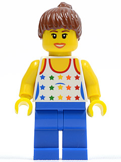 LEGO Shirt with Female Rainbow Stars Pattern, Blue Legs, Reddish Brown Ponytail Hair, Brown Eyebrows minifigure