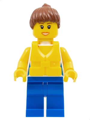 LEGO Shirt with Female Rainbow Stars Pattern, Blue Legs, Reddish Brown Ponytail Hair, Life Jacket Center Buckle minifigure