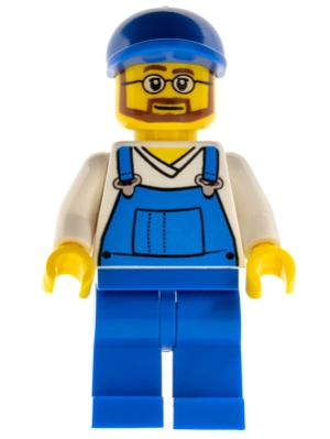 LEGO Overalls Blue over V-Neck Shirt, Blue Legs, Blue Short Bill Cap, Beard and Glasses minifigure