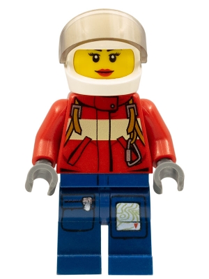 LEGO Fire - Pilot Female, Red Fire Suit with Carabiner, Dark Blue Legs with Map, White Helmet, Red Lips minifigure