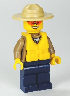 LEGO Forest Police - Dark Tan Shirt with Pockets, Radio and Gold Badge, Dark Blue Legs, Campaign Hat, Orange Sunglasses, Life Jacket Center Buckle minifigure