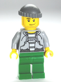 LEGO Police - Jail Prisoner 60675 Hoodie over Prison Stripes, Green Legs, Dark Bluish Gray Knit Cap minifigure