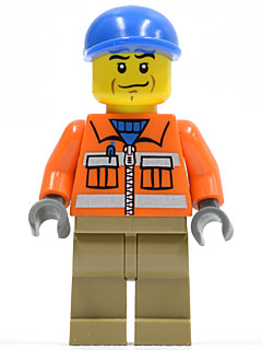 LEGO Construction Worker - Orange Zipper, Safety Stripes, Orange Arms, Dark Tan Legs, Blue Short Bill Cap minifigure