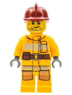 LEGO Fire - Bright Light Orange Fire Suit with Utility Belt, Dark Red Fire Helmet, Crooked Smile and Scar minifigure