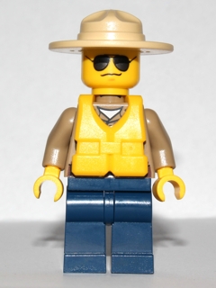 LEGO Forest Police - Dark Tan Shirt with Pockets, Dark Blue Legs, Campaign Hat, Black and Silver Sunglasses, Life Jacket Center Buckle minifigure