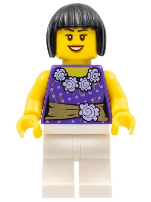 LEGO Female Dark Purple Blouse with Gold Sash and Flowers, White Legs, Black Bob Cut Hair minifigure