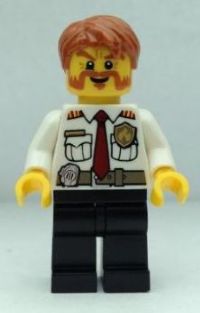 LEGO Fire Chief - White Shirt with Tie and Belt, Black Legs, Dark Orange Short Tousled Hair minifigure