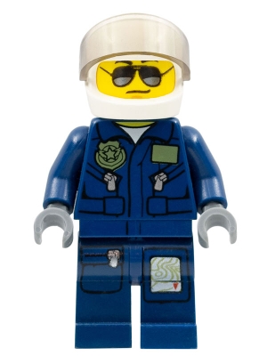 LEGO Forest Police - Helicopter Pilot, Dark Blue Flight Suit with Badge, Helmet, Black and Silver Sunglasses, Black Eyebrows minifigure