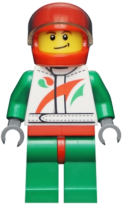 LEGO Race Car Driver, White Race Suit with Octan Logo, Red Helmet with Trans-Black Visor, Crooked Smile with Black Dimple minifigure