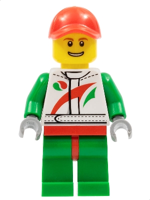 LEGO Race Car Mechanic, White Race Suit with Octan Logo, Red Cap with Hole, Brown Eyebrows, Thin Grin with Teeth minifigure