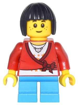 LEGO Sweater Cropped with Bow, Heart Necklace, Dark Azure Short Legs, Black Bob Cut Hair minifigure