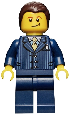 LEGO Businessman Pinstripe Jacket and Gold Tie, Dark Blue Legs, Dark Brown Hair, Crooked Smile minifigure