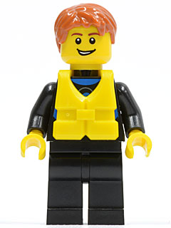 LEGO Wetsuit with Blue Sign, Black Legs, Dark Orange Short Tousled Hair, Life Jacket Center Buckle, Open Grin minifigure