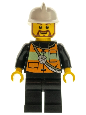 LEGO Fire - Reflective Stripe Vest with Pockets and Shoulder Strap, White Fire Helmet, Brown Beard minifigure
