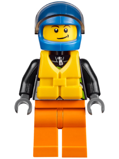 LEGO Xtreme Powerboat Driver, Male, Brown Dimple, Black Race Jacket, Orange Legs, Blue Standard Helmet, Yellow Life Jacket minifigure