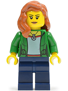 LEGO Green Female Jacket Open with Necklace, Dark Blue Legs, Dark Orange Female Hair over Shoulder minifigure